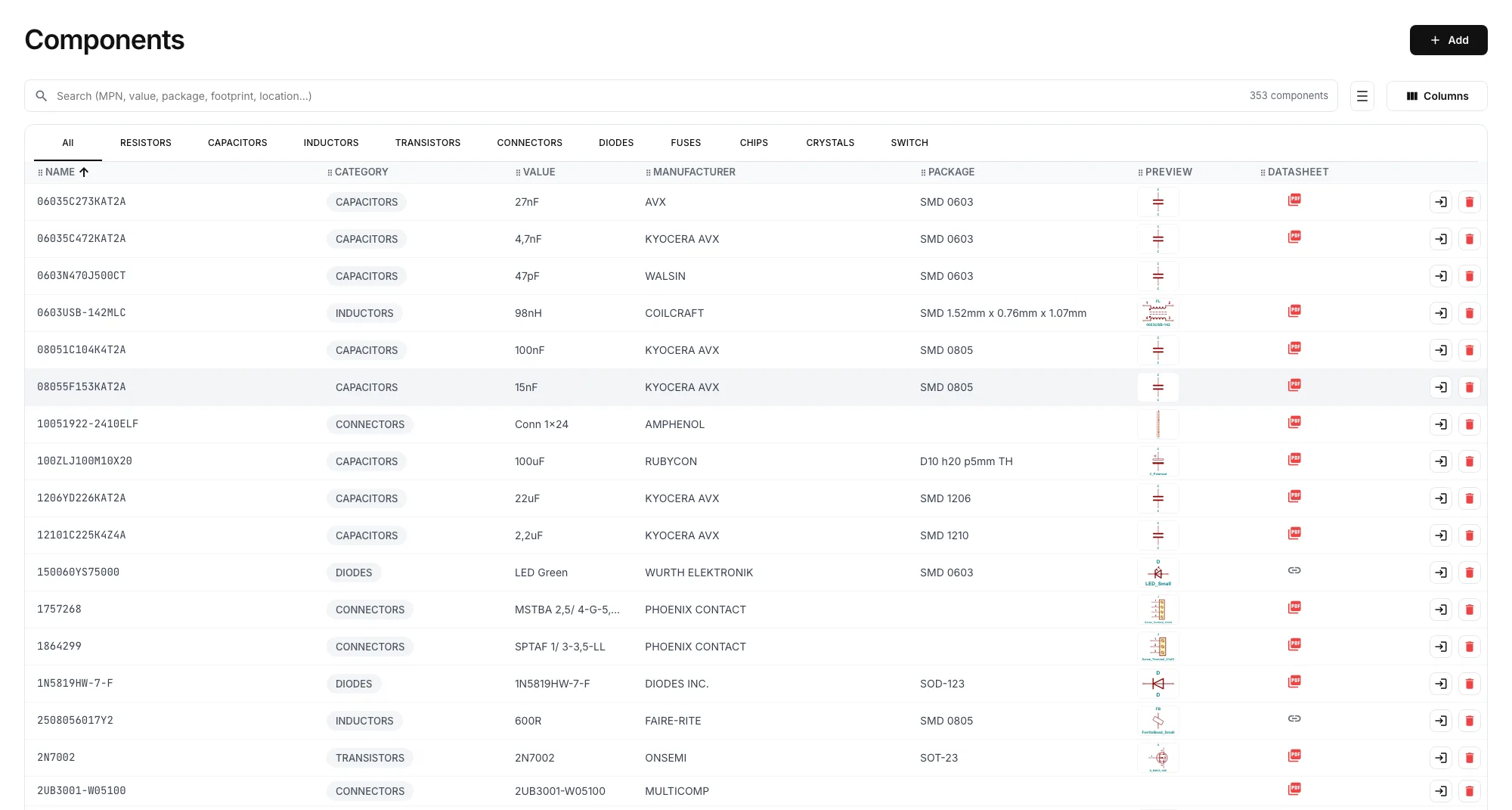 The component list in PartFolio: Hexaton library, search, category tabs, values, manufacturers and PDF datasheets.