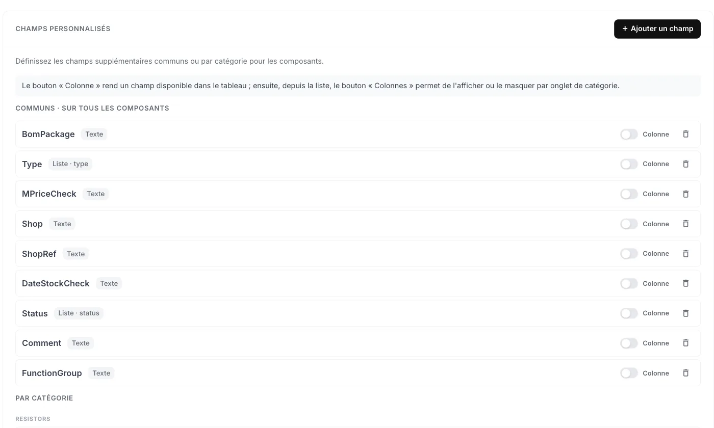A library's custom field editor: shared fields, value types and column display toggle.