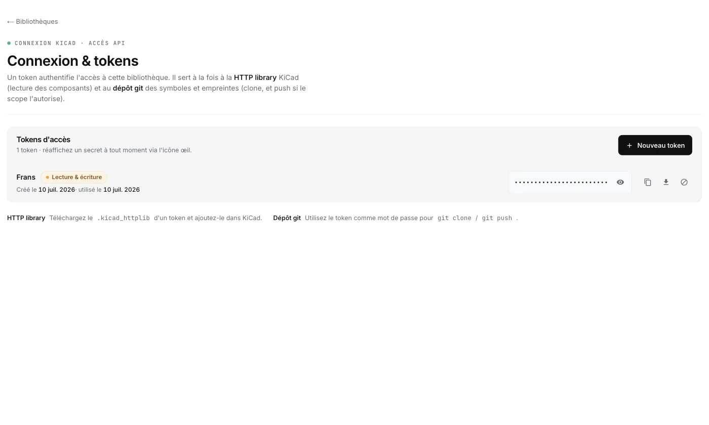The KiCad connection page: an API token and the download of the ready-to-use .kicad_httplib file.
