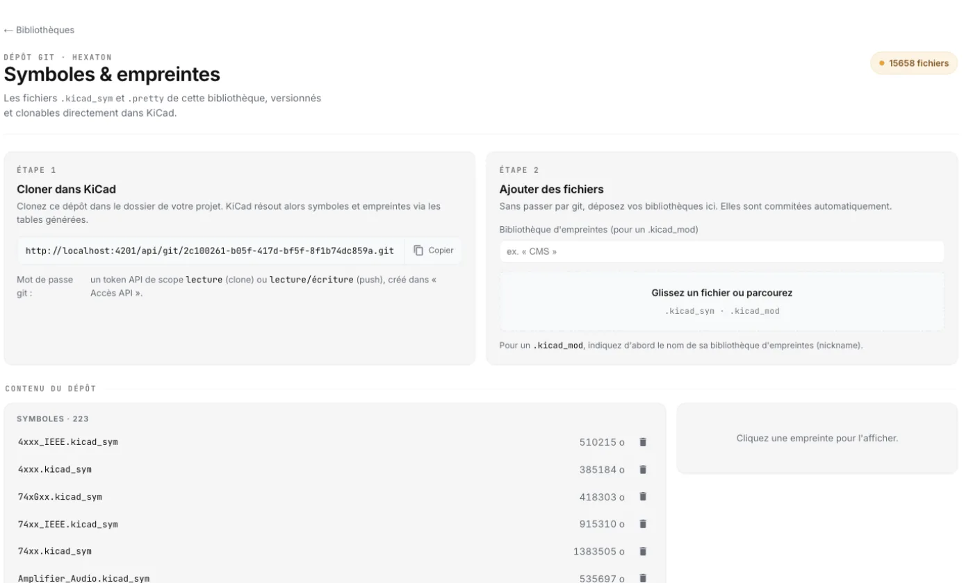 The Symbols & footprints page: the library's git clone URL and its contents (.kicad_sym, .pretty).