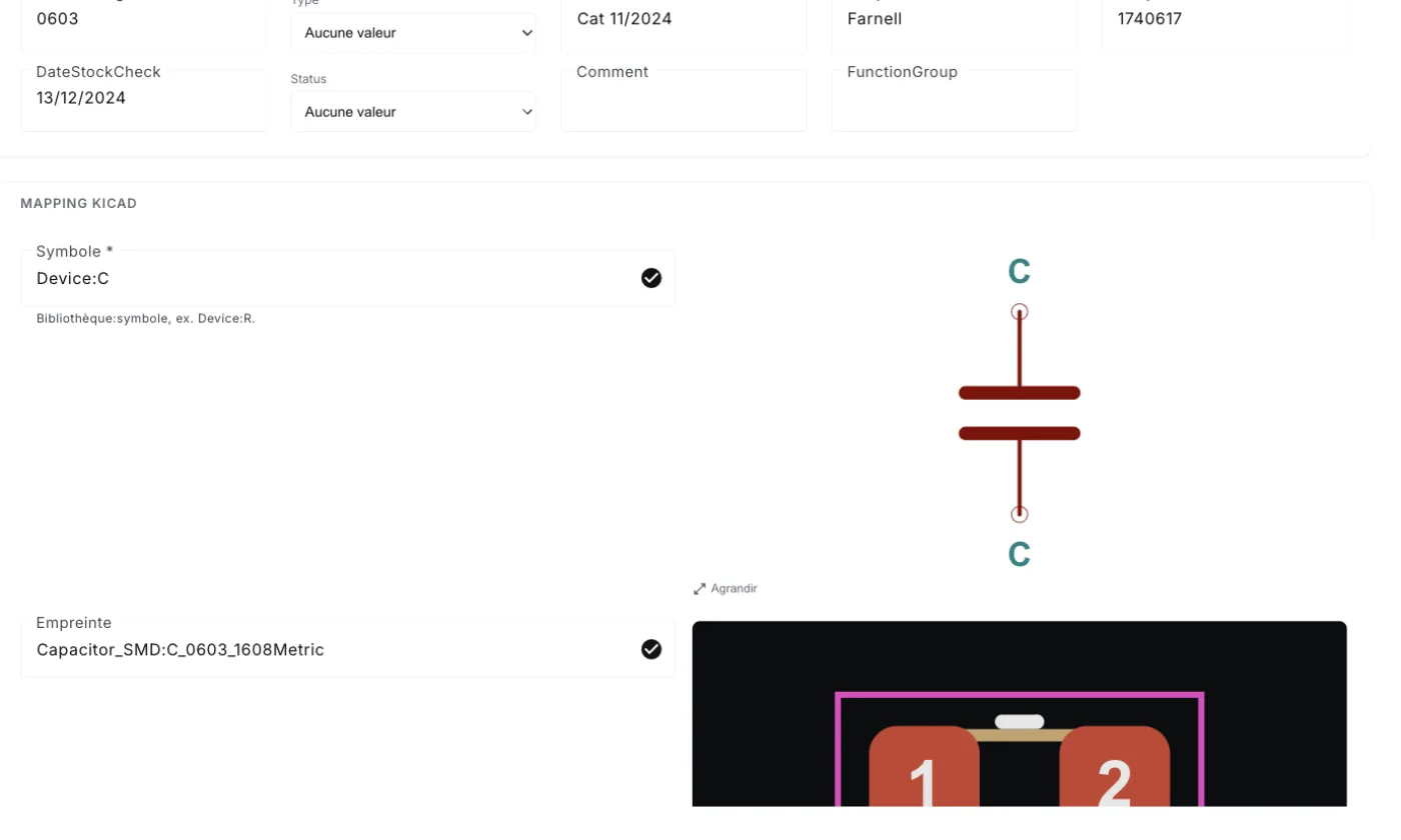 The component record: KiCad symbol autocomplete and preview of the symbol drawn by PartFolio.