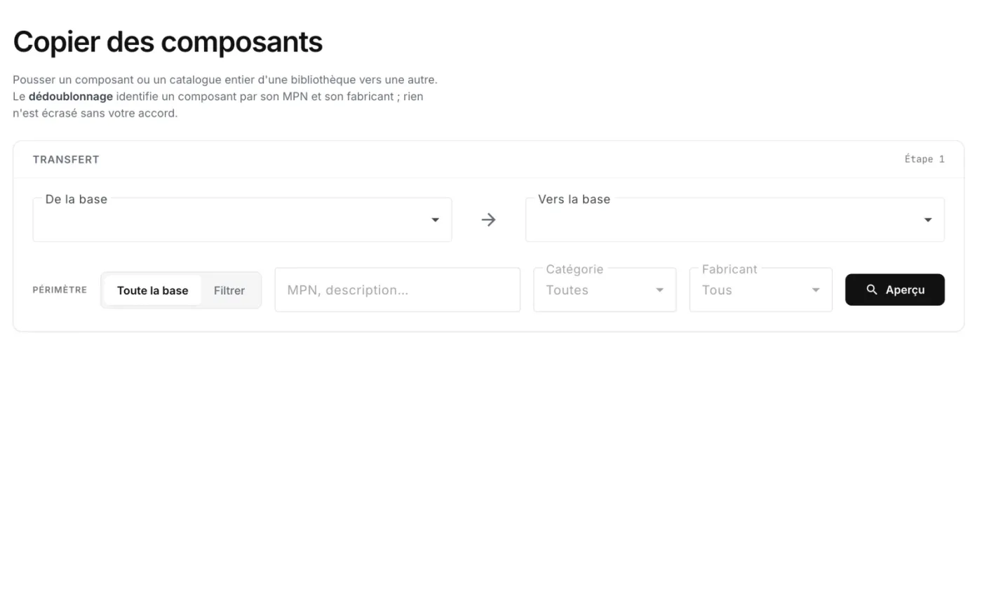 The cross-library copy wizard: source library, target library, scope and preview with deduplication.