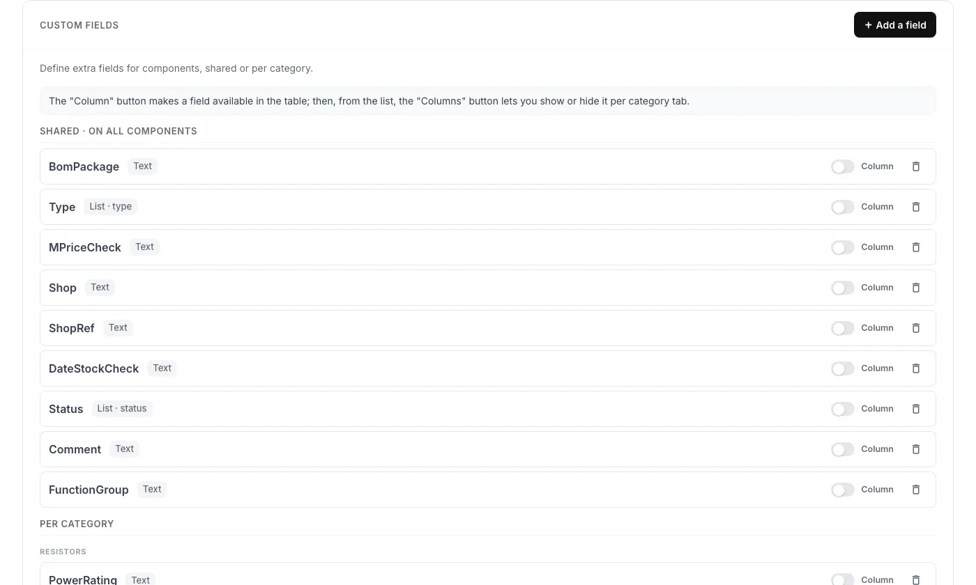 A library's custom field editor: shared fields, value types and column display toggle.