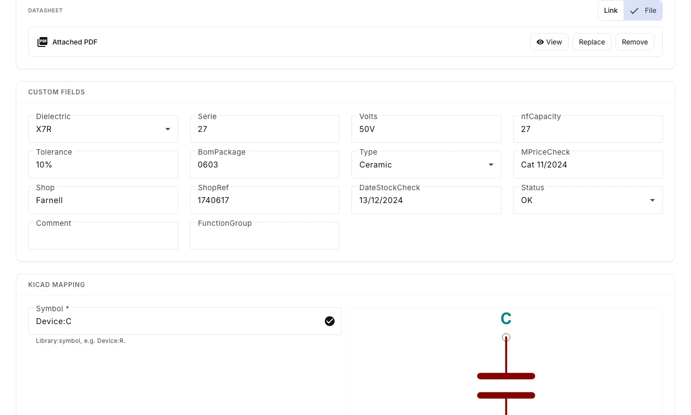 A component record: attached PDF datasheet (view, replace, remove) and filled-in custom fields.