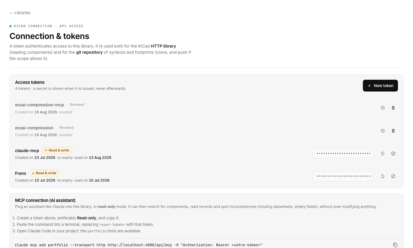 The KiCad connection page: an API token and the download of the ready-to-use .kicad_httplib file.