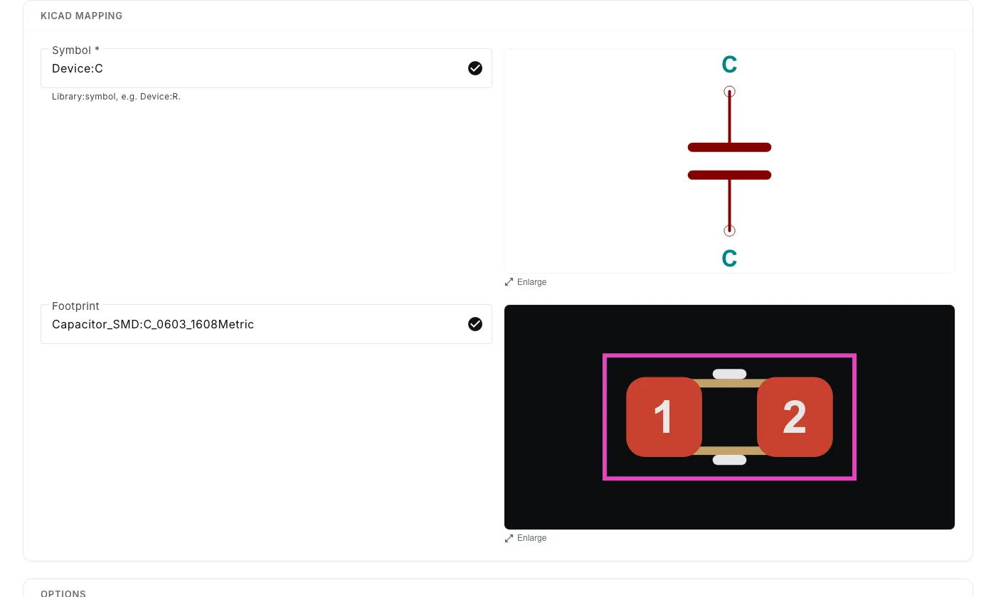 The component record: KiCad symbol autocomplete and preview of the symbol drawn by PartFolio.