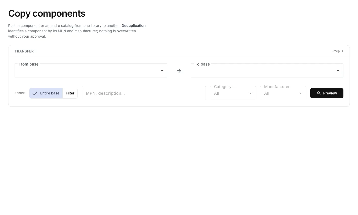 The cross-library copy wizard: source library, target library, scope and preview with deduplication.