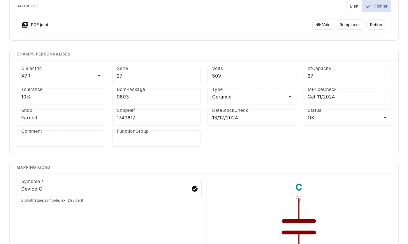 La fiche d’un composant : datasheet PDF attaché (voir, remplacer, retirer) et champs personnalisés renseignés.
