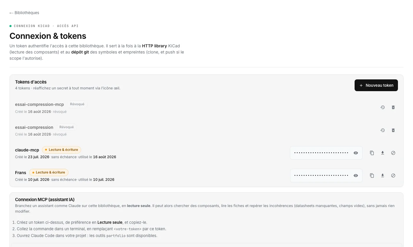 La page de connexion KiCad : un token API et le téléchargement du fichier .kicad_httplib prêt à l’emploi.