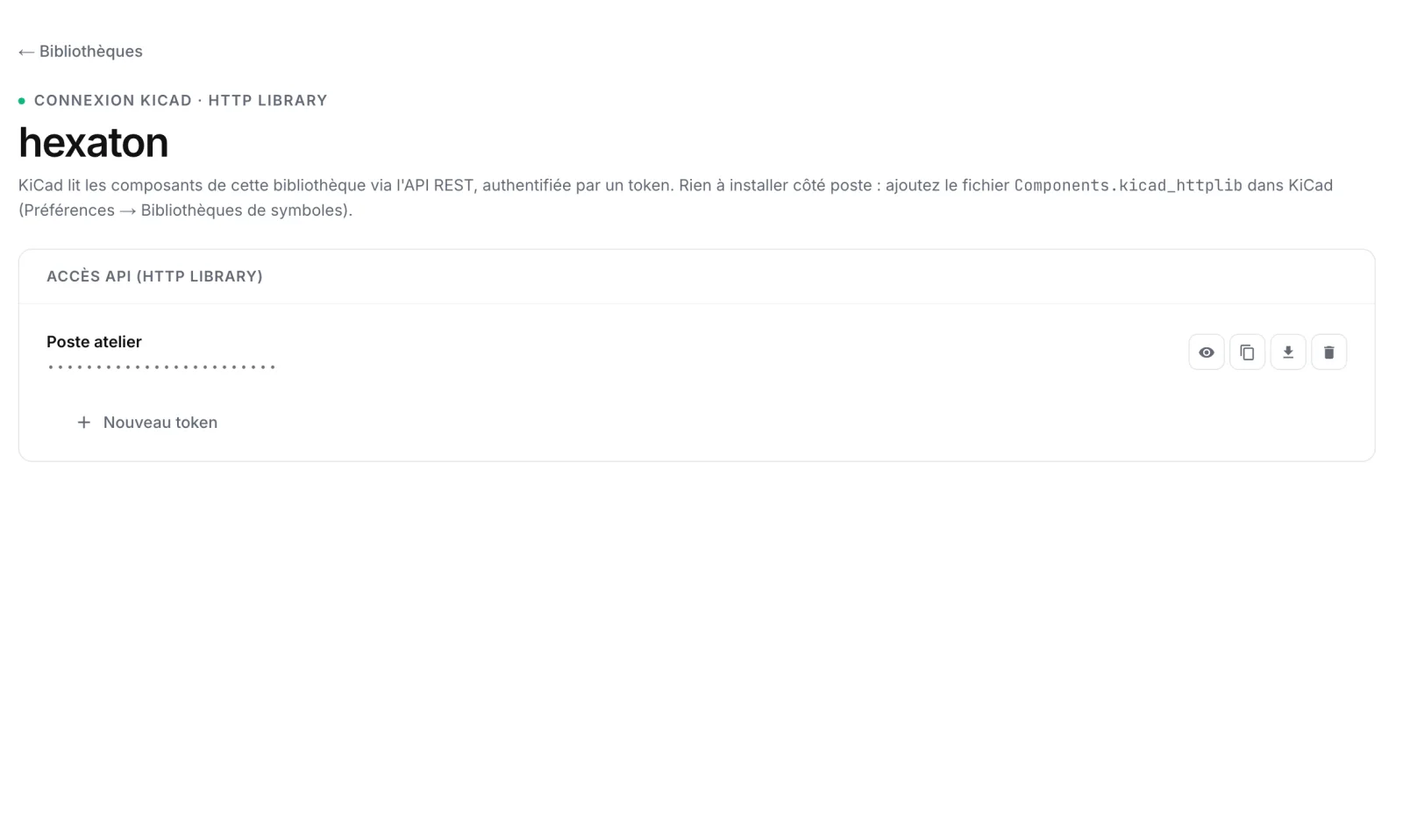 La page de connexion KiCad : un token API et le téléchargement du fichier .kicad_httplib prêt à l’emploi.
