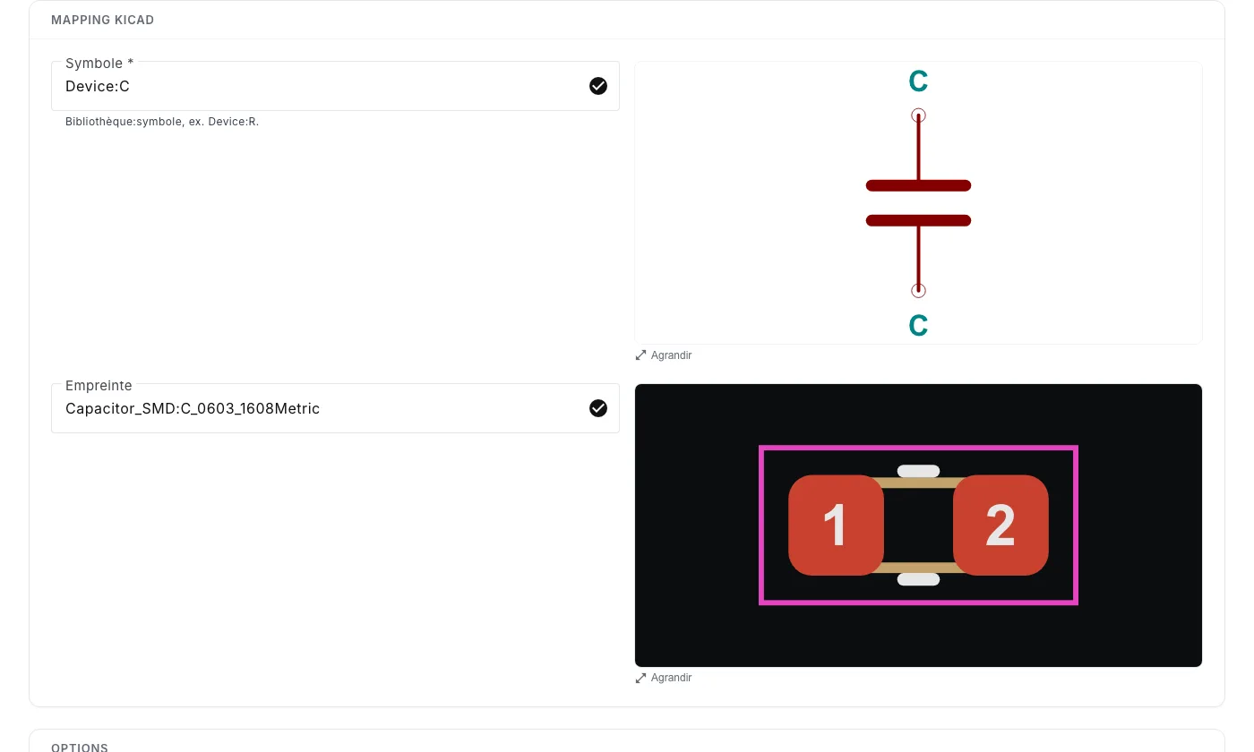 La fiche composant : autocomplete du symbole KiCad et aperçu du symbole dessiné par PartFolio.
