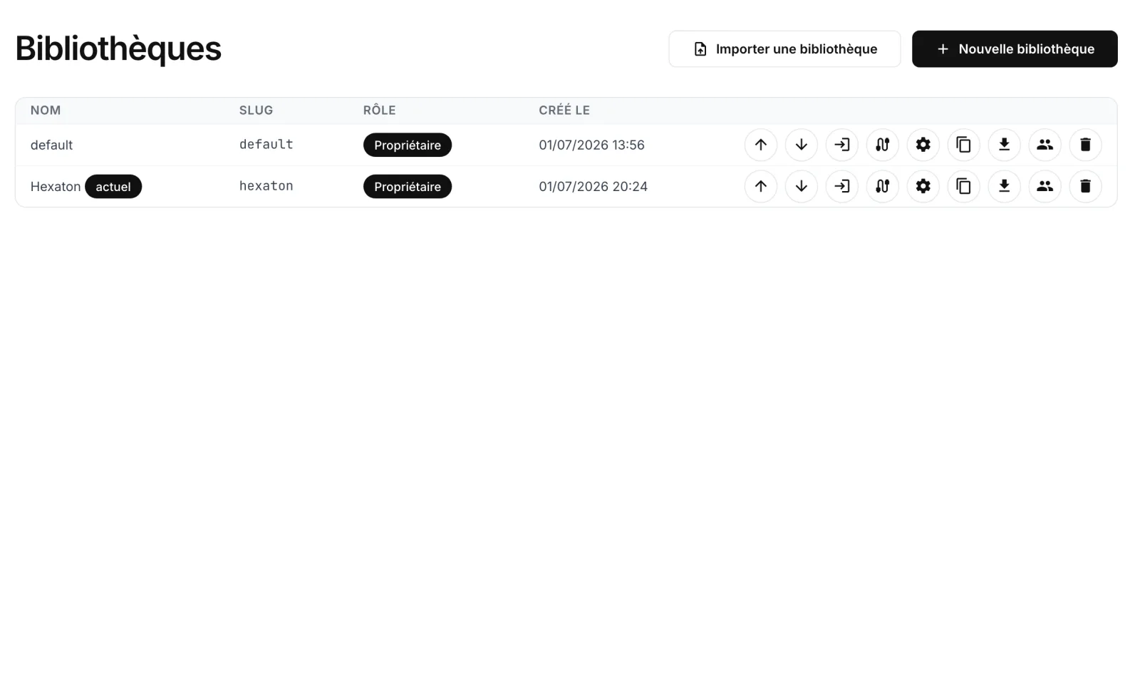 La liste des bibliothèques : rôle par bibliothèque et actions (ouvrir, connexion KiCad, réglages, dupliquer, exporter, membres).