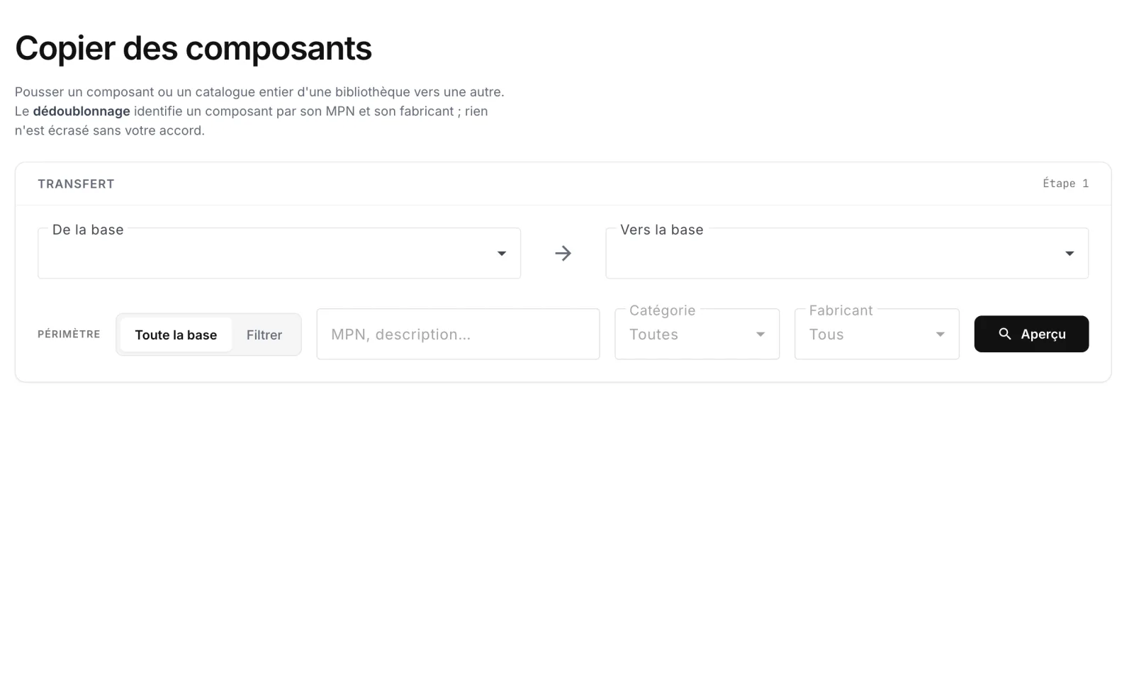 L'assistant de copie inter-bibliothèque : base source, base cible, périmètre et aperçu avec déduplication.