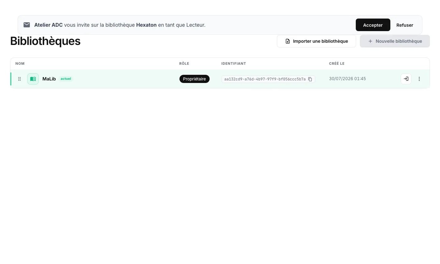 L'invitation reçue par une autre organisation : bannière d'acceptation avec la bibliothèque, l'organisation qui partage et le rôle proposé.