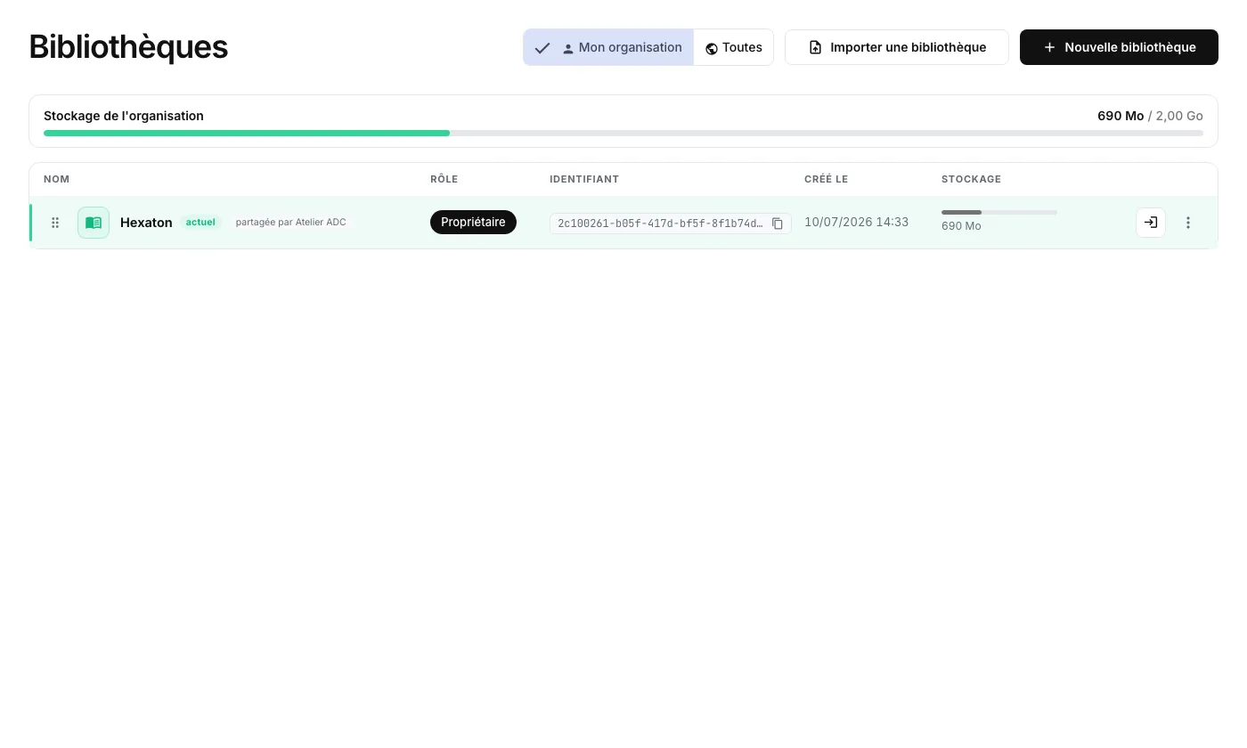 L'assistant de copie inter-bibliothèque : base source, base cible, périmètre et aperçu avec déduplication.